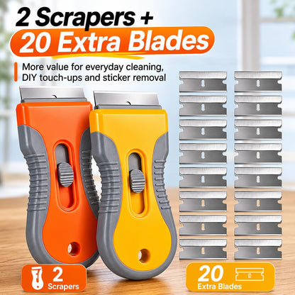Razor Blade Scraper Set, 2 Safety-Lock Handles + 20 Steel Blades
