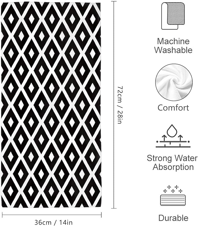 Black and White Diamond Hand Towels for Bathroom Set of 2 Soft Absorbent Modern Decorative Bath Towels for Farmhouse Home Spa Gym Yoga Black White Bathroom Decor 14"x28"