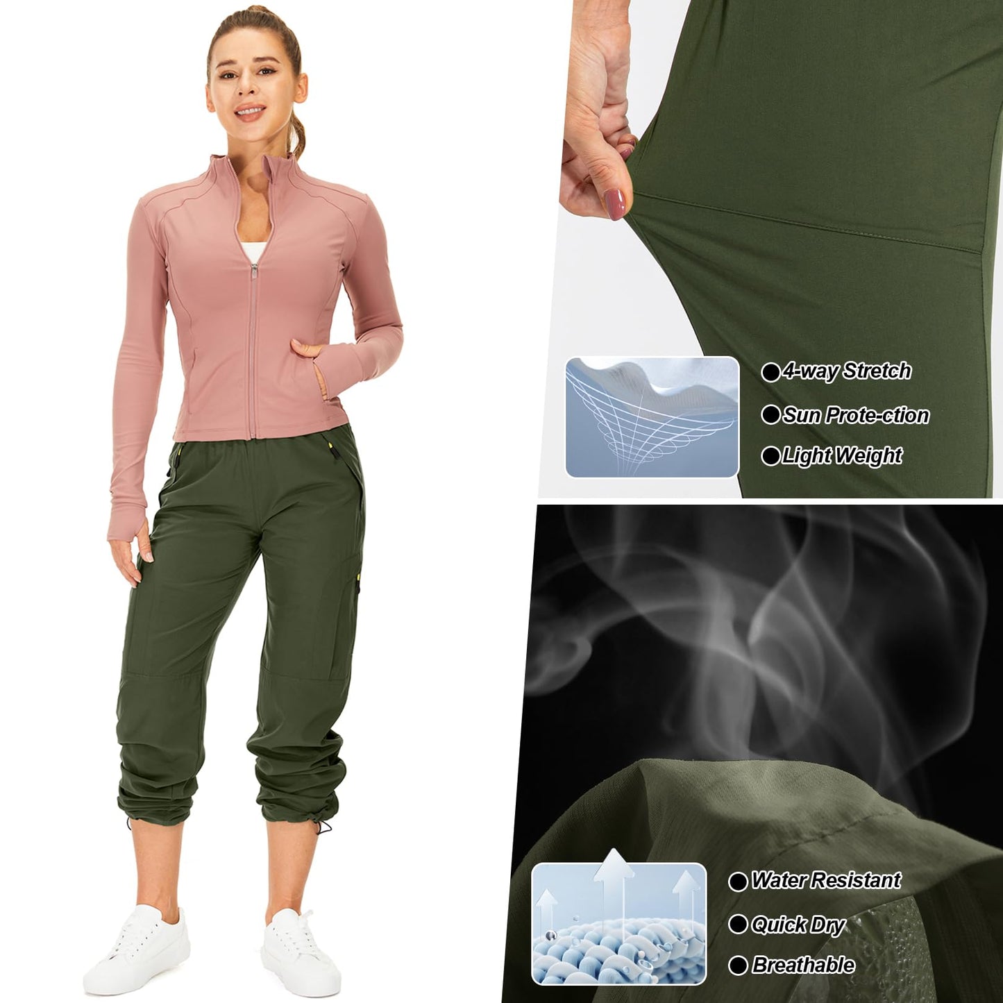 Womens Hiking Pants Quick Dry UPF 50 Lightweight Travel Golf Cargo Safari Pants Zipper Pockets,6608,Army,Petite XX-L