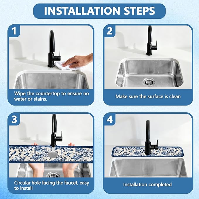 2 Pcs Kitchen Sink Splash Guard Faucet Mats Vintage Porcelain Flowers and Birds