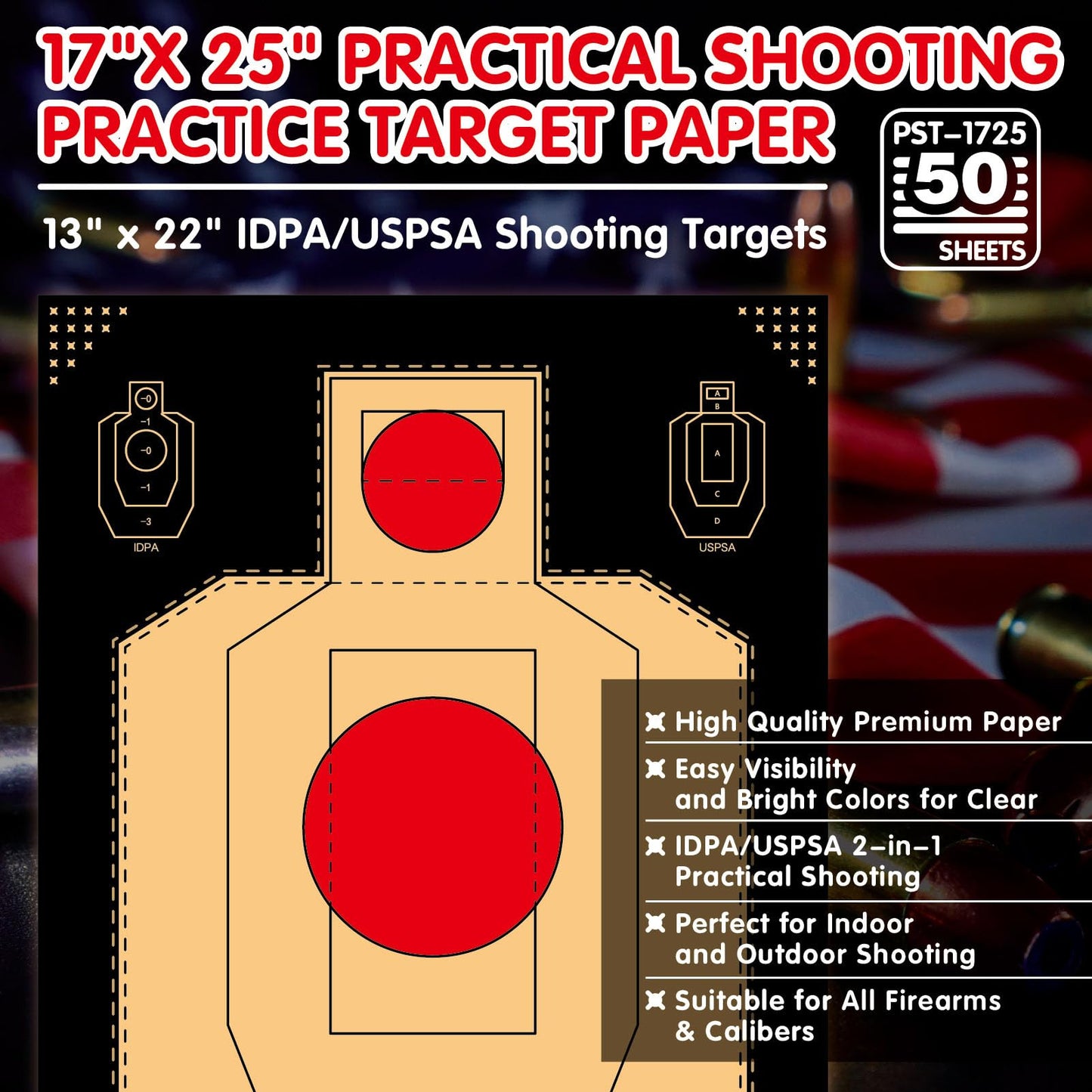 AXOSHOOT IDPA/USPSA Shooting Targets 17x25 Inch - 150gsm Kraft Paper with Black Background - 50/Pack Crease-Free Boxed Targets for Pistol, Rifle, Indoor & Outdoor Shooting Range