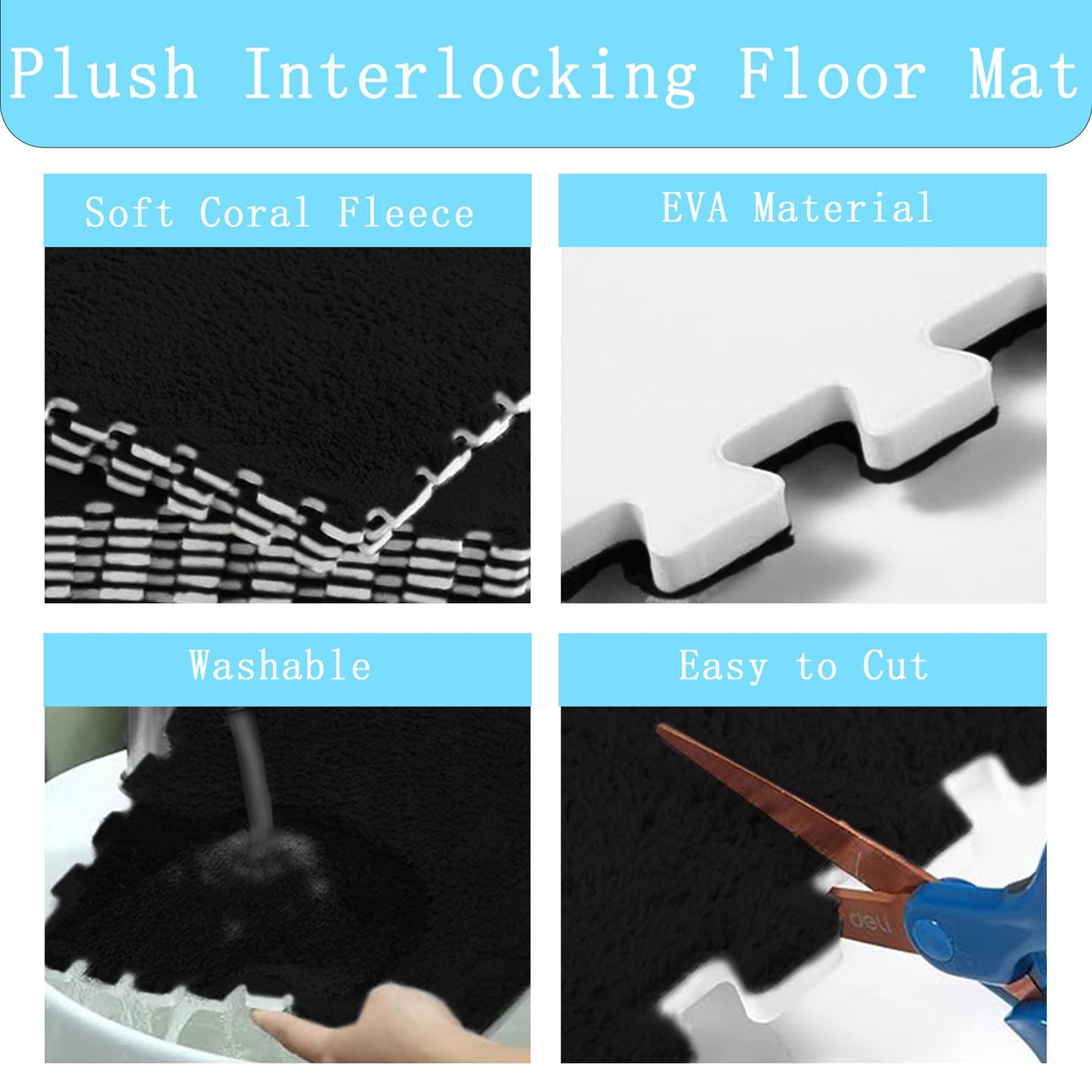 Interlocking Carpet Shaggy Soft EVA Foam Mats Fluffy Area Rugs Protective Floor Tiles Exercise Play Mat for Children Kids Room Home Parlor Bedroom 12 pcs Black