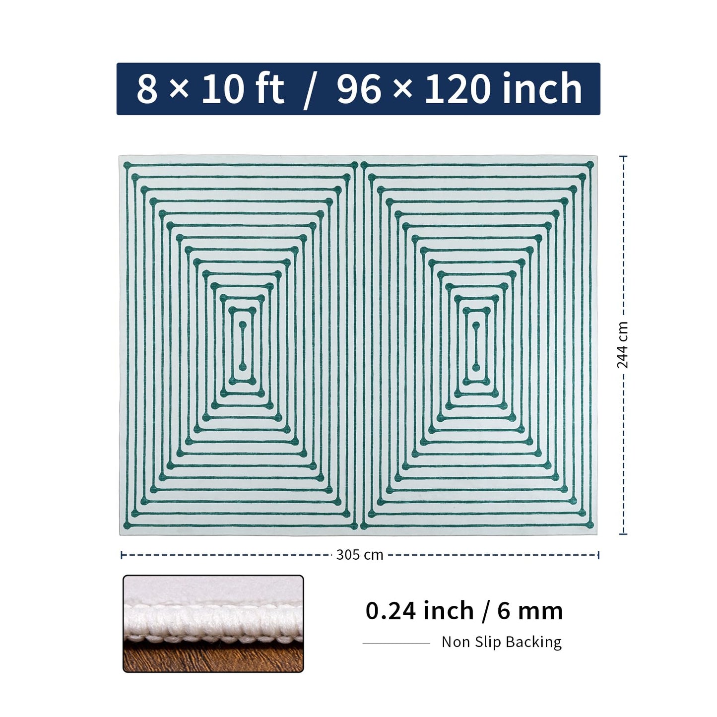 YIHOUSE Washable 8x10 Area Rugs for Living Room, Green Striped Rug for Bedroom Non Slip Low Pile, Large Modern Geometric Carpet for Playroom Dining Room Home Office Decor