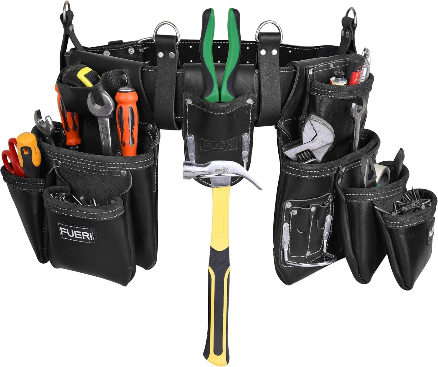 FUERI Leather Tool Belts with Suspender for Men, Heavy-Duty Durable Carpenter Tool Rig Organizer With 19 Pockets-2 Pouches, Padded Suspender, Hammer Holder, D-Loops & Foam-Padded Belt Electricians