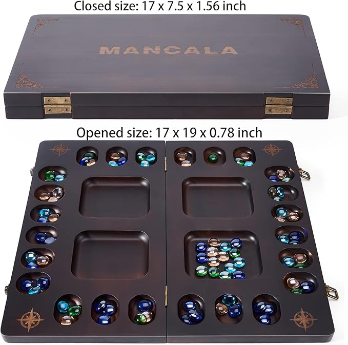 VAMSLOVE Mancala 4 Player Board Game Set Luxury Solid Wood Folding Mancala Board 96+12 Bonus Multi Color Glass Stone Beads Game Instructions Included