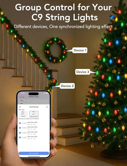 Smart Christmas Lights C9 Outdoor,66FT 100LEDs,App Remote Controlled RGB Chasing String Lights with DIY & Timer,108 Modes, Music Sync,Waterproof for Tree,Garden,Holiday Display,Halloween Lights