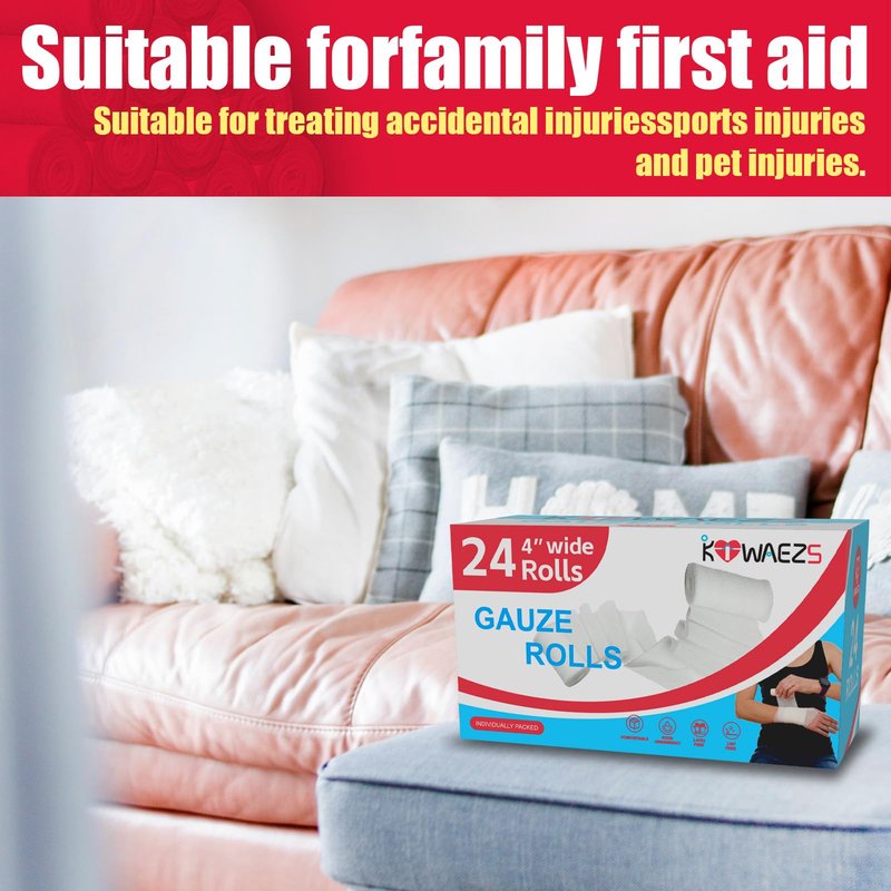 KIWAEZS 24 Pack Gauze Rolls Bandages 4 ” x 4.1 yd Premium Quality Lint and Latex-Free Conforming Stretch Designed for Wound Care for Wound Dressing Support(Ideal for Home and car First aid Kits)