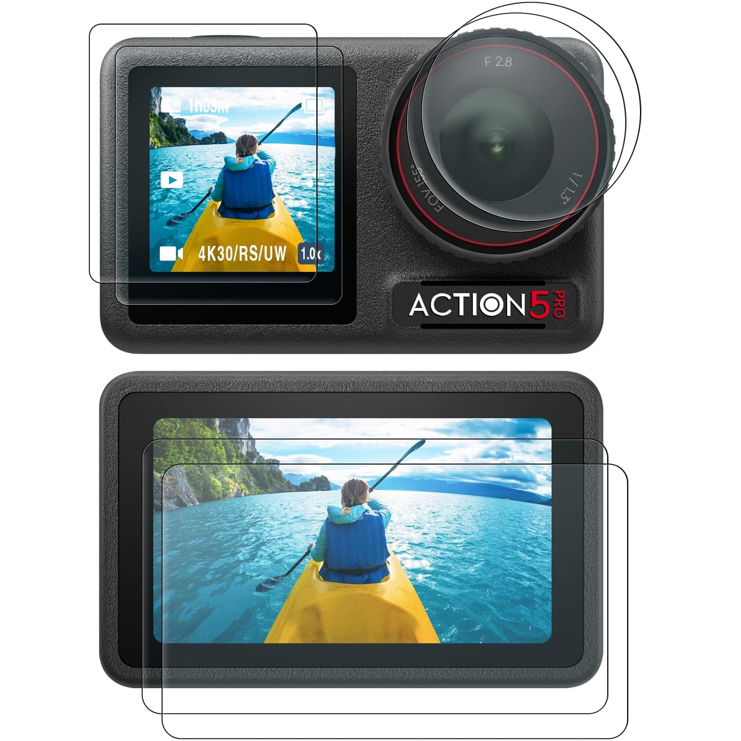 AMAZEAR Lens Screen Protector for DJI Osmo Action 5 Pro (2 Sets), Action5 Pro Accessories Tempered Glass Protector OLED Display, Ultra HD, 9H, Scratch Resistant, Bubble-Free(TGP)