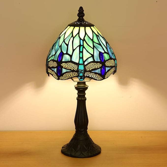 Small Tiffany Lamp 3 Color Temperature Blue Dragonfly Stained Glass Table Lamps 7X7X14 Inch Bedside Nightstand Night Light Desk Office Light for Living Room Bedroom W/LED E12 Bulb