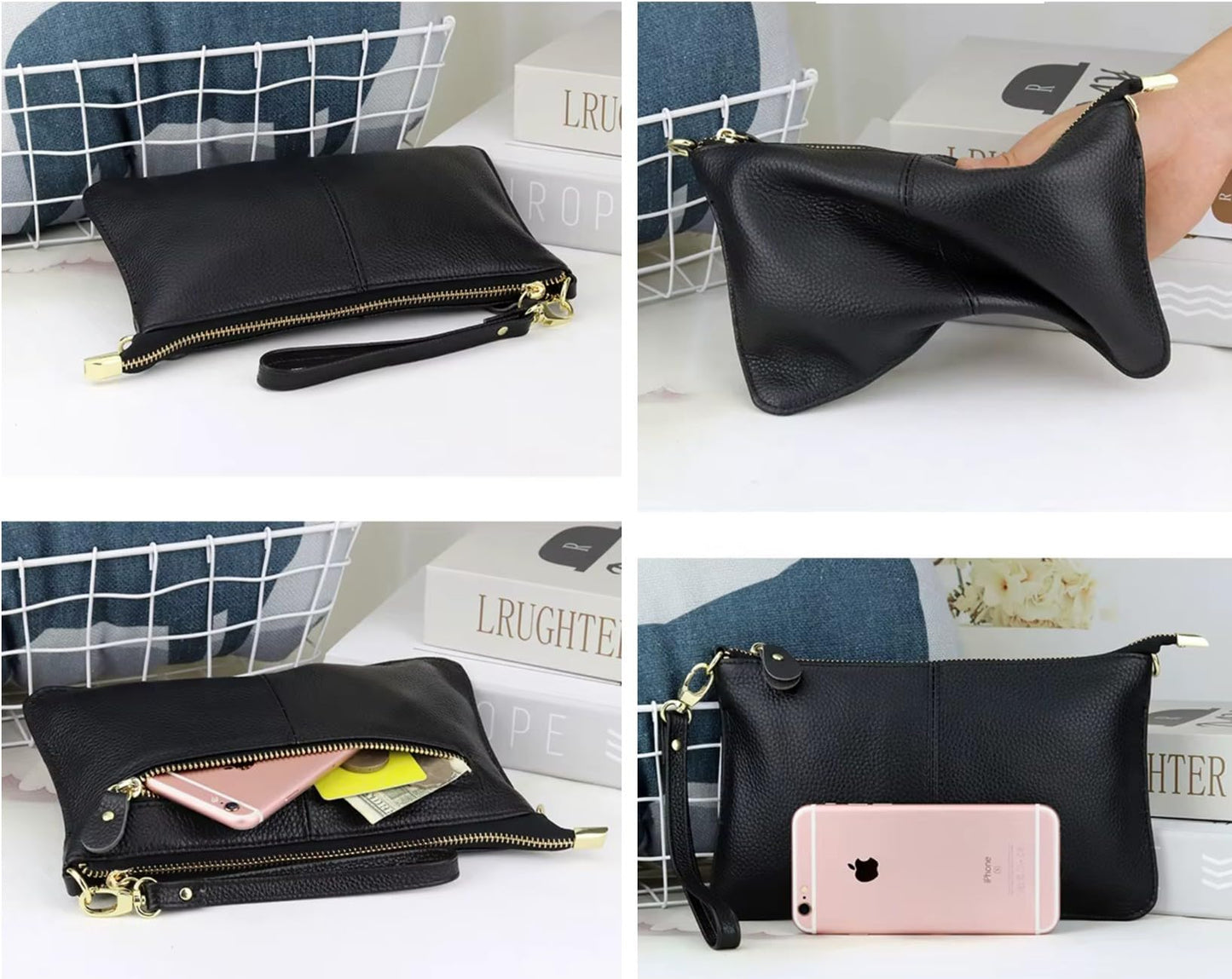 AurexaFashion Genuine Leather Small Crossbody Phone Bag for Women, Slim Wallet Credit Card Holder Wristlet Clutch Purse (Dark Blue)