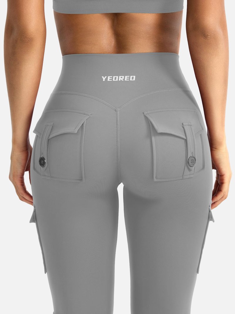YEOREO CoreFlex Women Workout Flare Leggings with Pockets Hidden Scrunch High Waisted Cargo Gym Yoga Leggings Light Grey XS