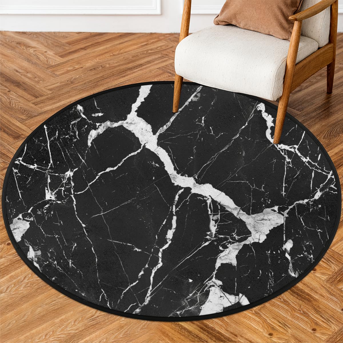 Black and White Marble Texture 63inch Round Indoor Rug, Washable Anti Slip, Room Decor Circle Carpet for Bedroom Living Room Pad