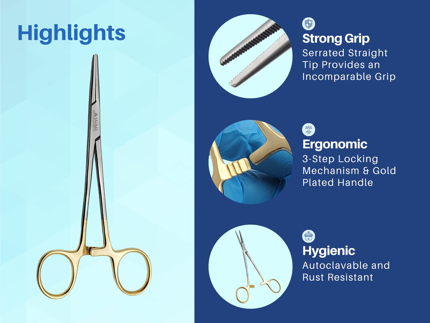 ARTMAN INSTRUMENTS Artery Forceps 6" Straight Hemostat Mosquitoes, Gold Plated Handle, Locking Tweezer Clamps, for Nurses, Fishing Forceps, Fly Tying, Crafts Kelly Forceps Clamps