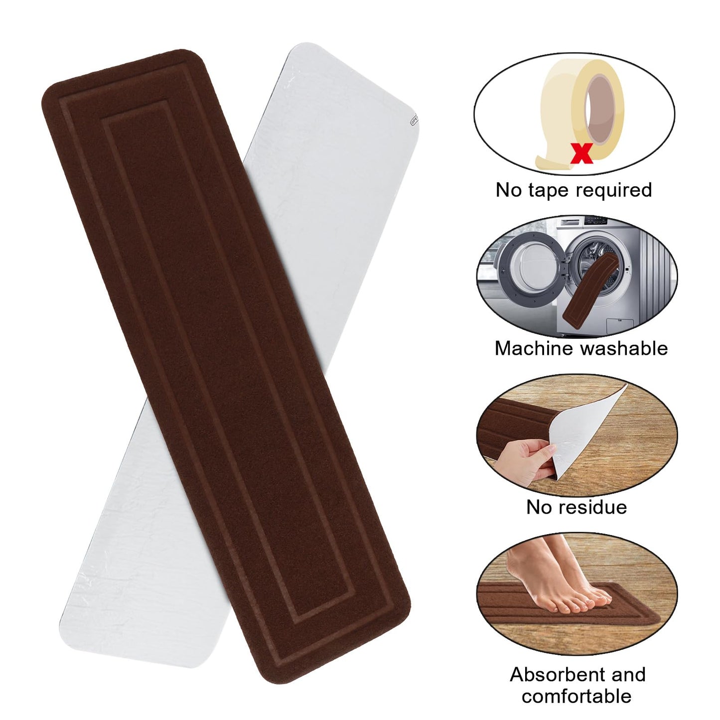 Aoxisicoo 15-Pack Brown Stair Treads for Indoor Wood Steps, 8x30 Inch Non-Slip Carpet Mats with Self-Adhesive Backing, Machine Washable Safety Runner for Kids, Elders and Pets