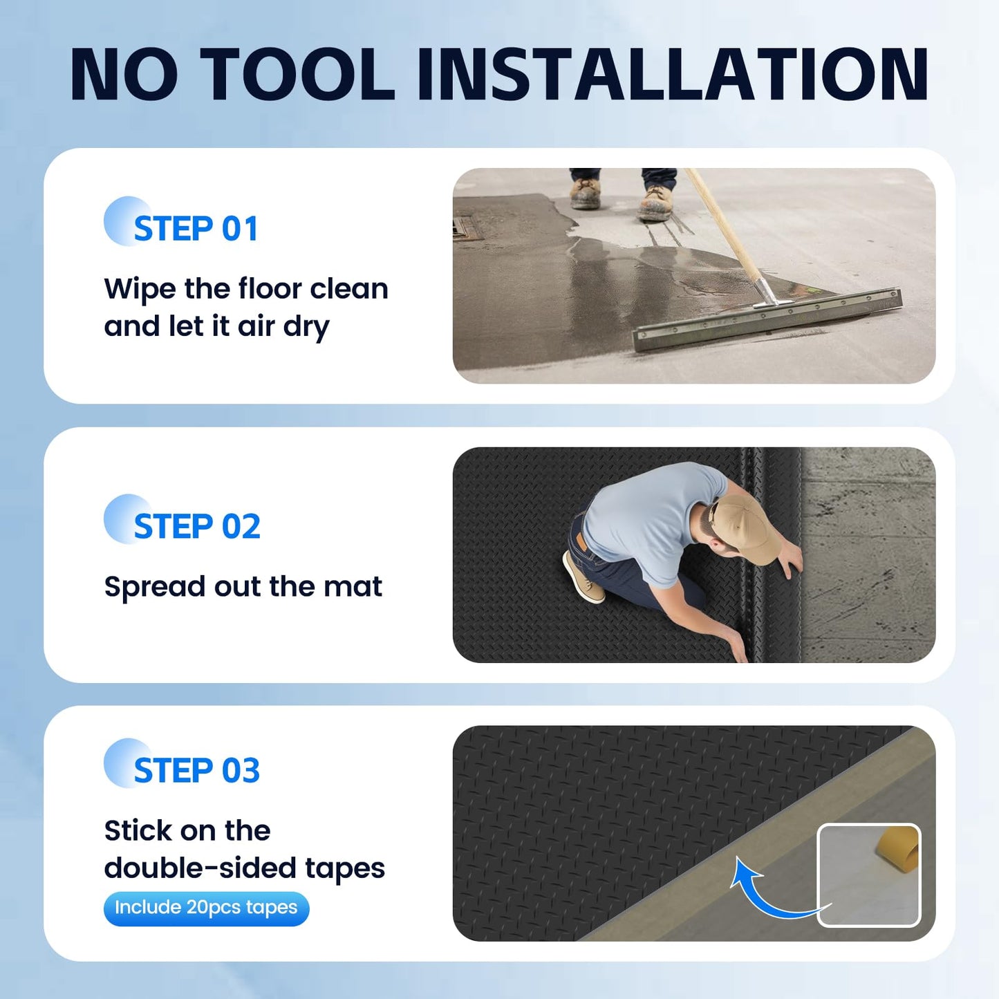StellarStar 8x20 FT Garage Floor Mat, 2.8mm Thickened PVC Flooring Roll for Under Car, 160 SQFT Diamond Plate Black Garage Mats for Garage, Warehouse, Basement, Factory, Trailer (Include Tapes)
