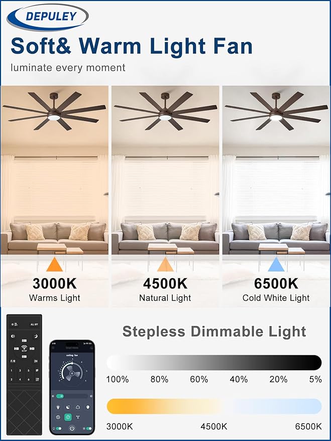 Depuley 66" Ceiling Fans with Lights: Large Indoor/Outdoor Ceiling Fan for Patios Living Room - 8 Blades Brown Dimmable Ceiling Fans with Remote APP Control Timer Reversible Quiet DC Motor 6 Speeds