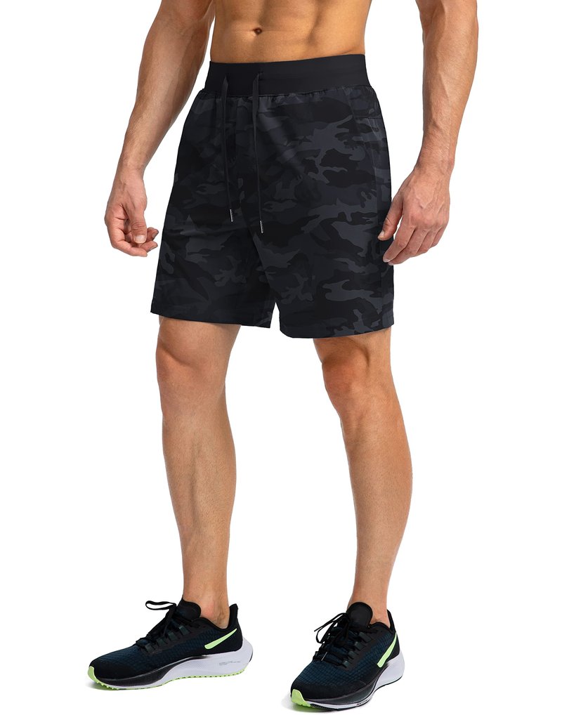 Soothfeel Men's Running Shorts with Zipper Pockets 7 Inch Lightweight Quick Dry Gym Athletic Workout Shorts for Men (Grey Camo, XXL)
