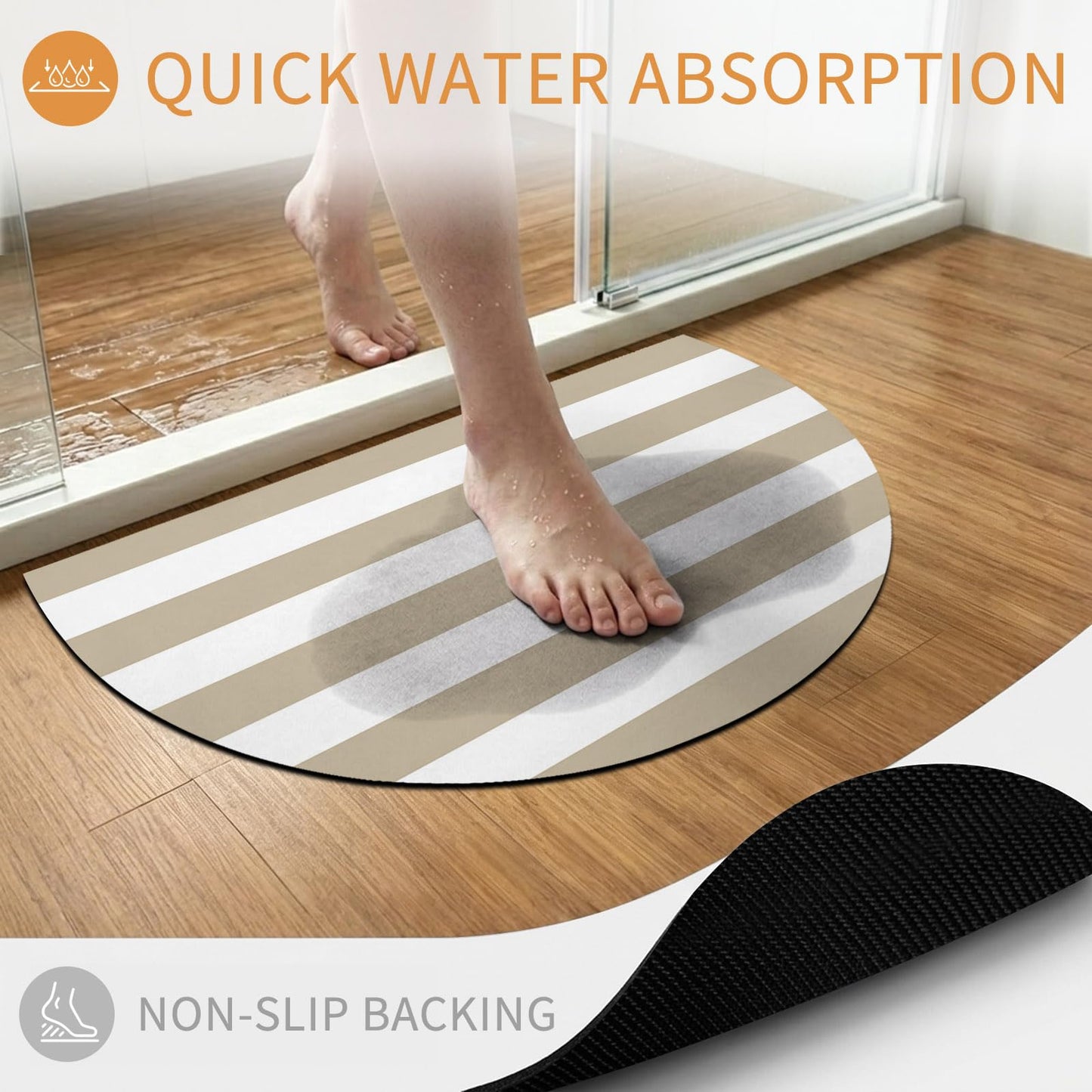 Half Circle Bath Mat Classical Stripe Semicircular Doormat Soft Non Slip Absorbent Quick Dry Diatomite Stone Area Rugs Khaki Drying Shower Mat for Bathroom Floor Bathtub Entryway Porch Kitchen 18"x30"