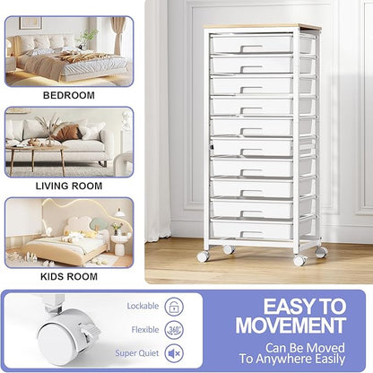 SYKIARIOL Rolling Cart with Drawers,10 Drawer Rolling Cart,Storage Cart with Wheels,Utility Cart with Drawers,Teacher Cart for Classroom Storage,Craft Cart with Wheels and Wooden Tabletop,White