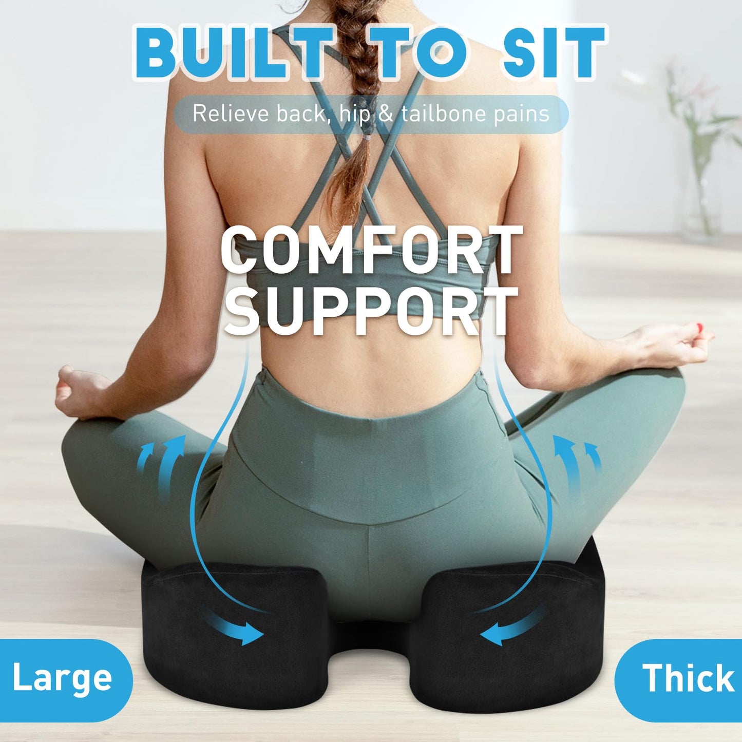 BlissTrends Seat Cushion with Velvet Cover, Thick Memory Foam Cushions for Office Chair, Car Seat, Airplane, Relieving Pressure Tailbone Sciatica Back Pain for Long Sitting, Car Drivers 4.7in Black