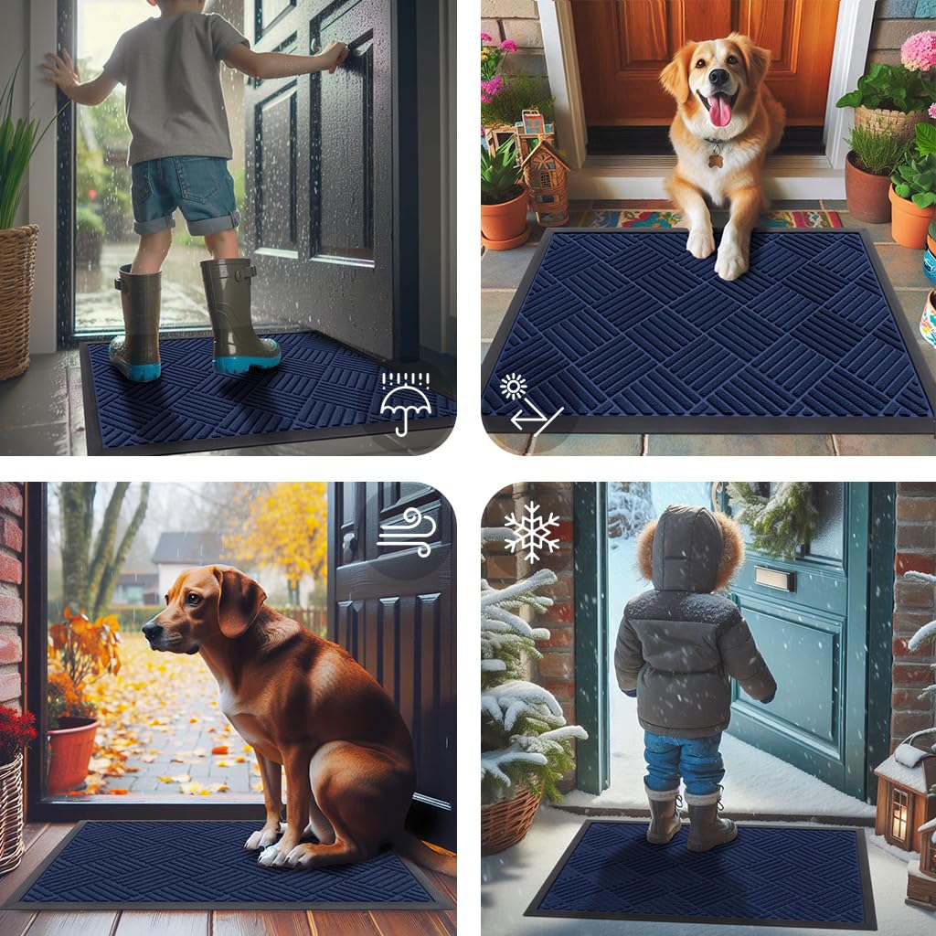 Smiry Front Door Mat Outside Entrance, Heavy Duty Outdoor Indoor Natural Rubber Doormat, Non Slip, Trap Dirt and Moisture, Easy Clean, Low Profile Patio Porch Entryway Mat, 29.5x17, Navy Blue