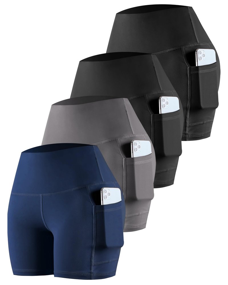 CHRLEISURE Womens Biker Yoga Shorts with Pockets: High Waisted Tummy Control Spandex Workout Athletic Gym Shorts 4 Packs(5'' Black,Black,Gray,Navy, L)