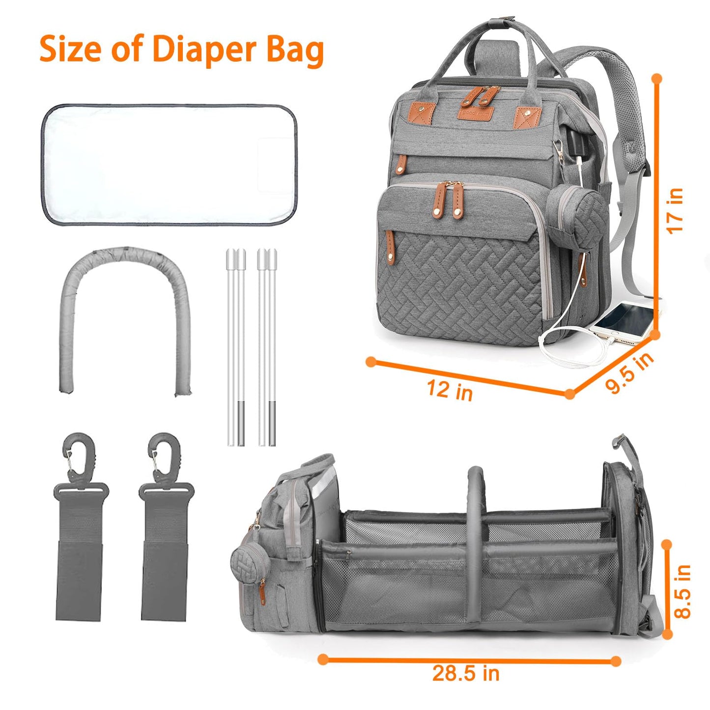 Astro alan Baby Diaper Bag with Changing Station, Waterproof Diaper Bag Backpack for Moms Dads with USB Charging Port, Baby Shower Gifts, Large Capacity diaper backpack, Grey