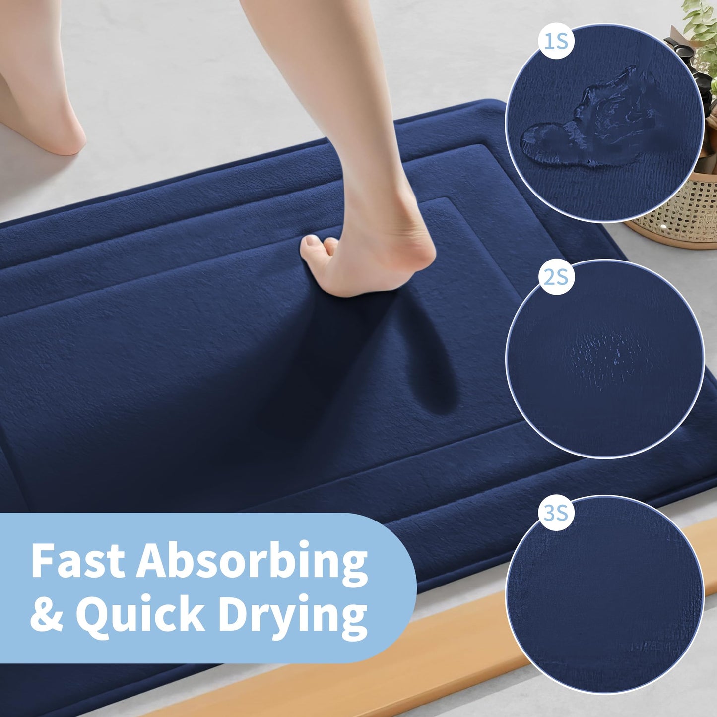 Cupic Cupid Super Soft Memory Foam 20" x 32" Bath Mats for Bathroom Floor Shower & Tub, Navy Blue Bathroom Rugs Non Slip Washable, Water Absorbent Bath Rugs, Quick Dry Bath Carpet