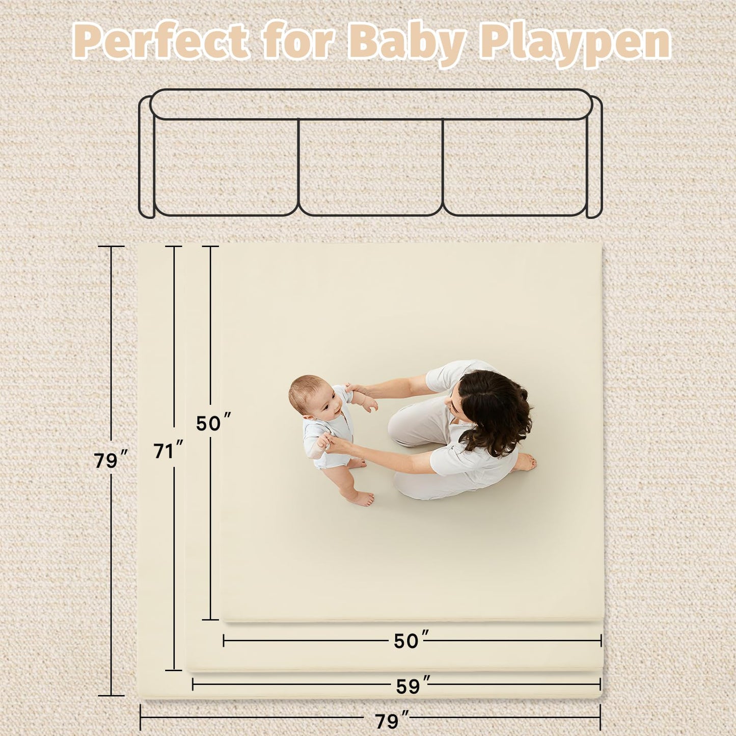 ILPEOD Waterproof Baby Play Mat for Floor Memory Foam 50 * 50 Cushion Playpen Playmat Tummy Time Crawling Mat Nursery Rug Thick Pad Create Soft & Safe Area for Infants,Toddler,Kids,Beige
