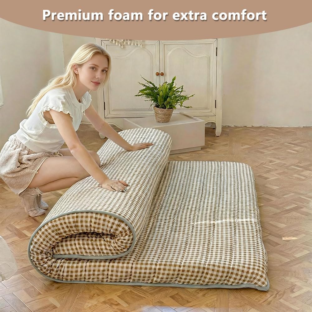 NSNLGSGC Tan Gingham Japanese Floor Mattress, 3.5" Thick High Density Foam Futon Mattress, Foldable Tatami Sleeping Pad, Roll Up Floor Bed for Dorm Guest Room, Twin Size 39" x 80"