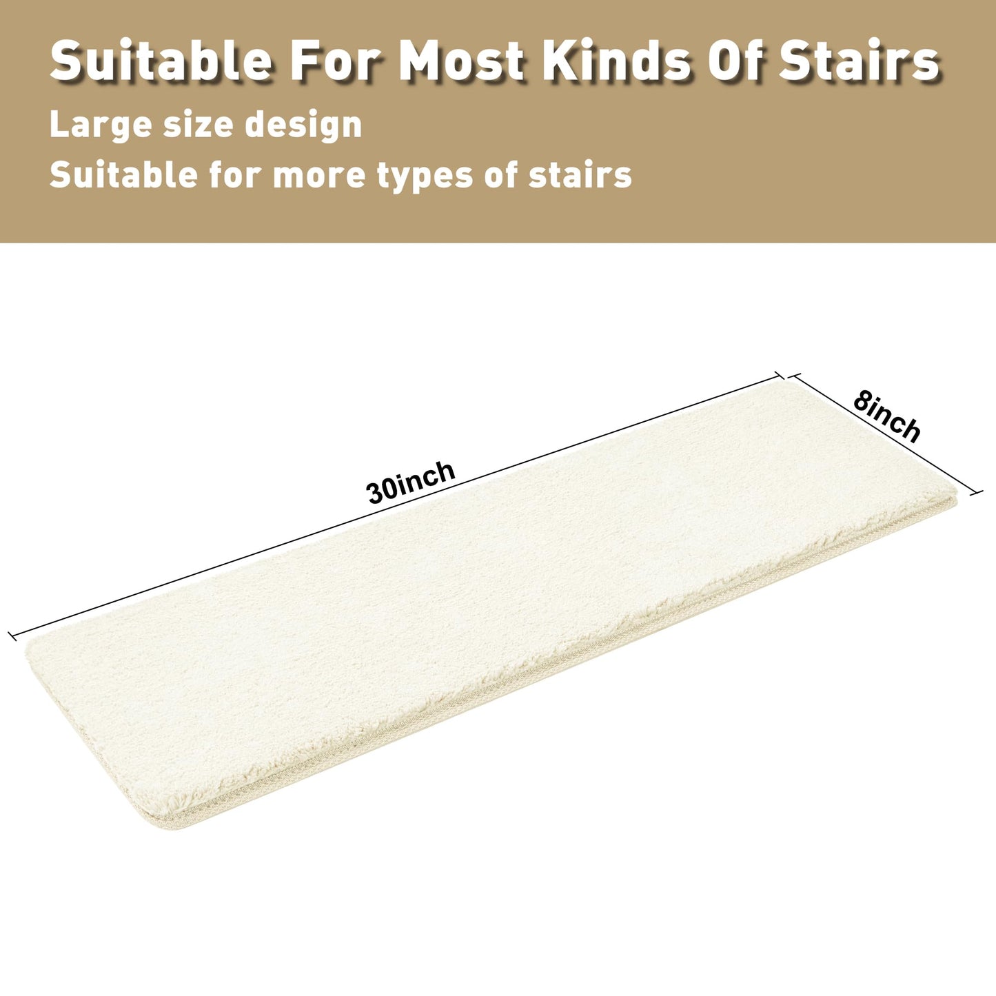 PURE ERA Carpet Stair Treads Ultra Plush 8" X 30" Soft Indoor Stair Protectors Pet-Friendly Non-Slip Skid Resistant Tape Free Washable Reusable(14 Pieces, White)