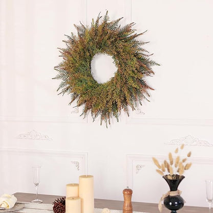 26'' Large Fall Wreath for Front Door, Porch, Window- Artificial Fern Leaves and Faux Wheat Grass Outdoor Autumn Wreath for Home, Farmhouse Wall Thanksgiving Day Harvest Festival Decor