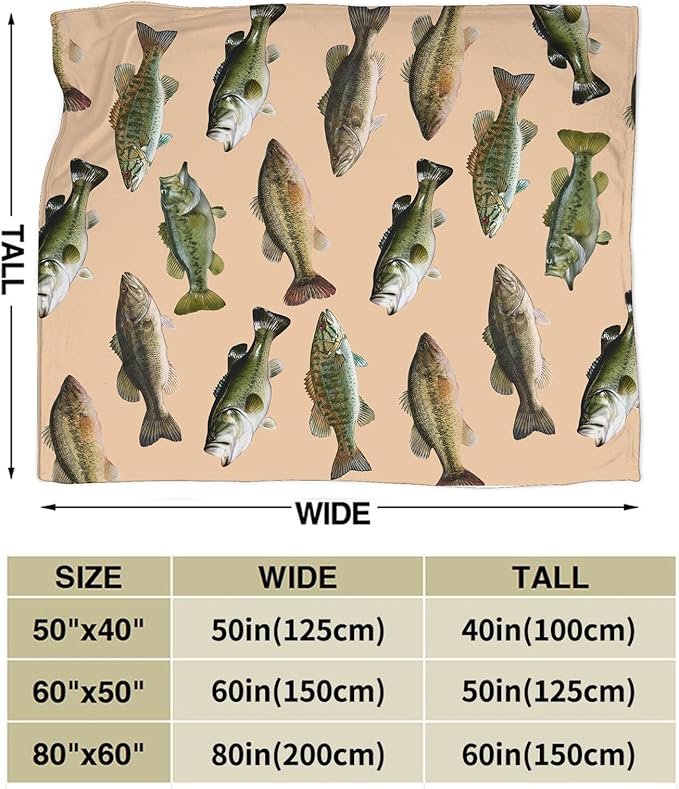 Fish Bass Blanket Decor Gifts for Fishing Lovers Flannel Fleece Fuzzy Throw Blanket Soft Warm Cozy Plush Ocean Animal Blanket for Bed Couch Living Room Stuffed Decoration for Kids Adult Man 80"x60"