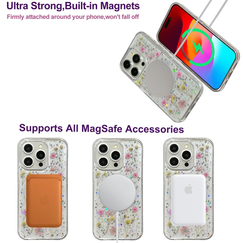 ASONCE Cute Real Flowers for iPhone 16 Pro Max Case [Compatible with MagSafe] Glitter Magnetic Cover with Pressed Dried Floral Women Girly Phone Case for iPhone 16 Pro Max 6.9" - Clear Sparkly