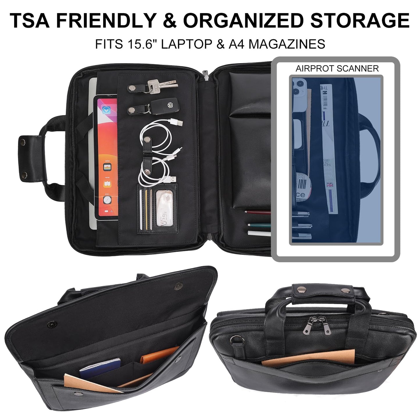 Masa Kawa Leather Briefcase for Men Slim 15.6" Laptop Bag Waterproof Crossbody Shoulder Messenger Computer Attache Case for Business Work, Black