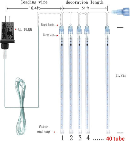 Kwaiffeo Warm White Icicle Lights Outdoor, 40-Tube Meteor Shower Lights for Christmas Thanksgiving New Year Party Yard Wedding Decor, Equivalent to 5 Sets of 8-Tubes