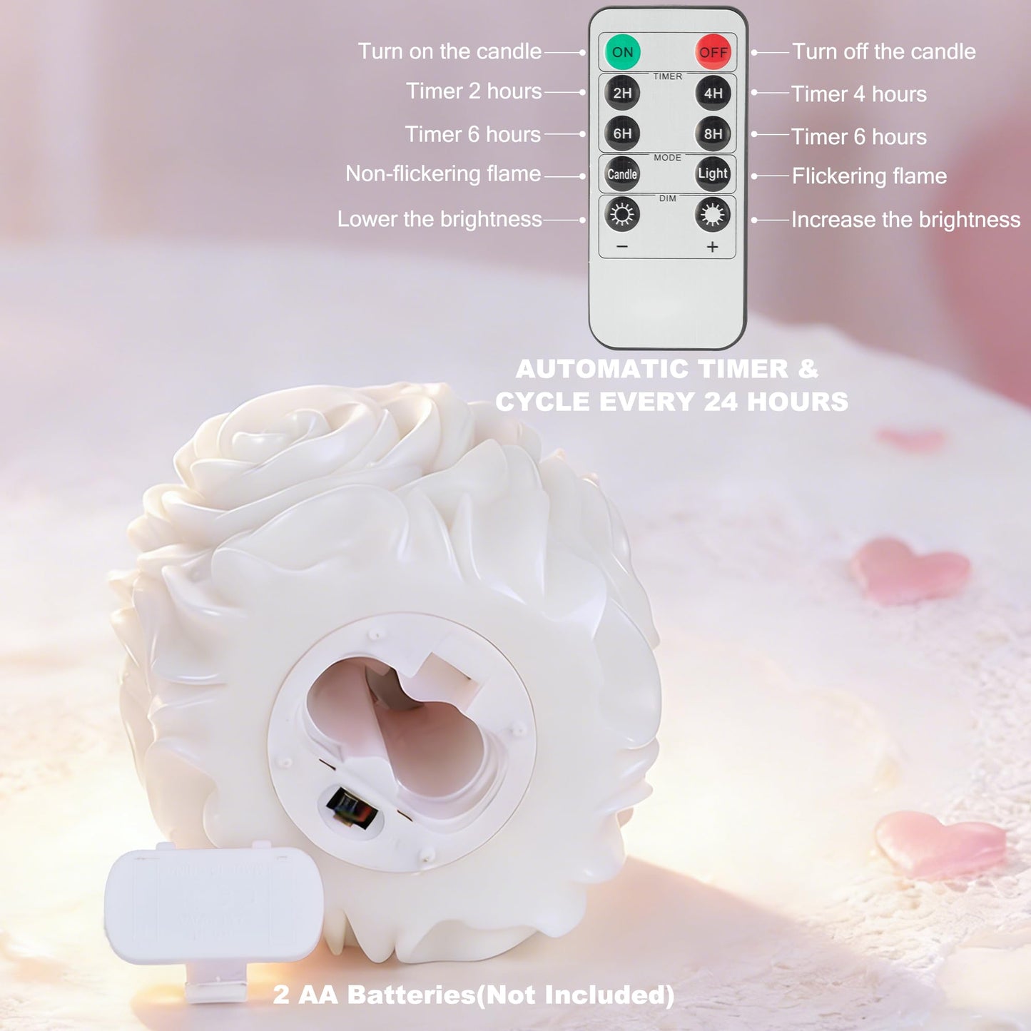 AFINETH Valentine Day Rose Flameless Candles with Remote and Timer, 2 Pack Flickering LED Candles for Proposal Wedding Anniversary Romantic Night, White