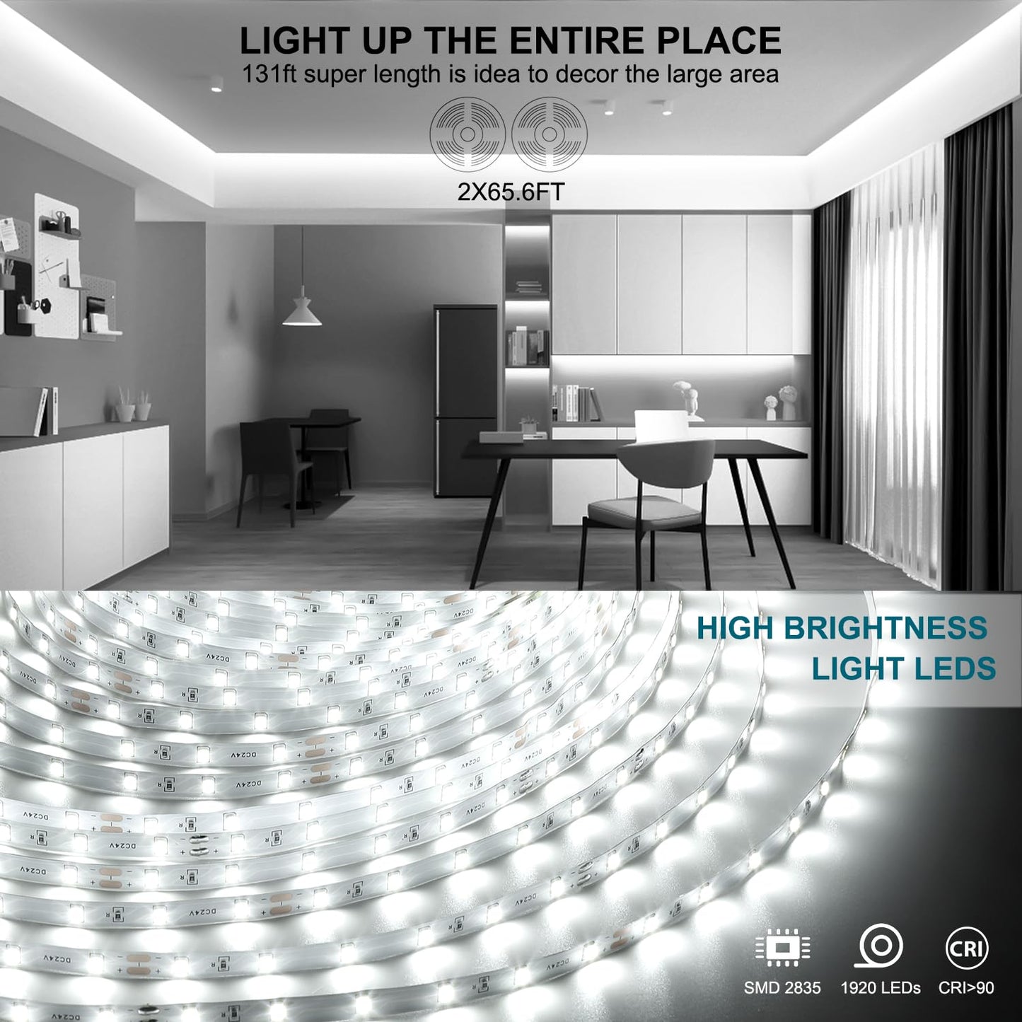 Wefomey White LED Strip Lights, 131ft Dimmable 24V LED Lights Strip 6500K Bright Daylight White, Flexible Tape Lights for Bedrooms, Kitchen, Cabinet, Christmas Decor, 2 Rolls of 65.6ft