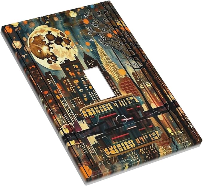City Light Moon Bus Abstract Art Light Switch Covers 1 Gang Single Toggle Wall Plate Decorative Switchcover Electrical Switchplate for Country Living Decor