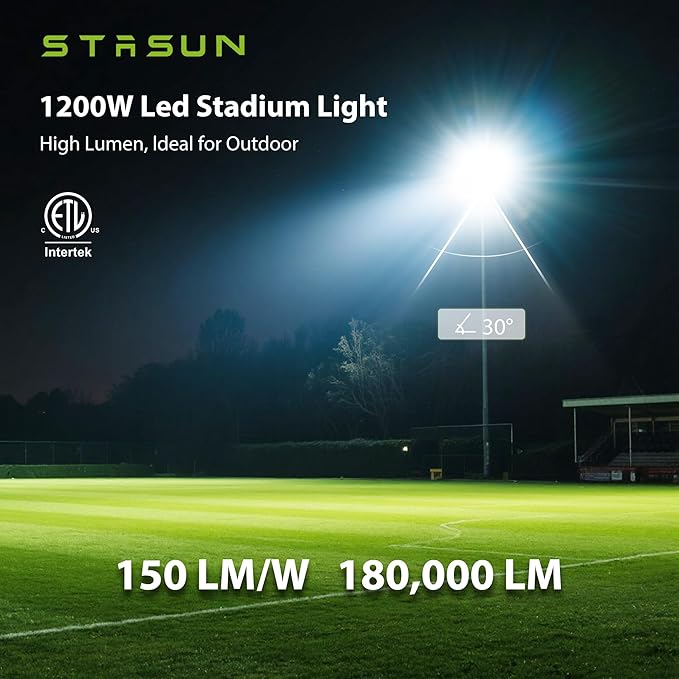 STASUN 1200W LED Stadium Lights Outdoor – Ultra Series High Power, ETL Certified, 180000LM, 5000K Daylight, 30° Beam, 100-277V, IP67 Waterproof Flood Lights for Arena, Sports Field, Parking Lot