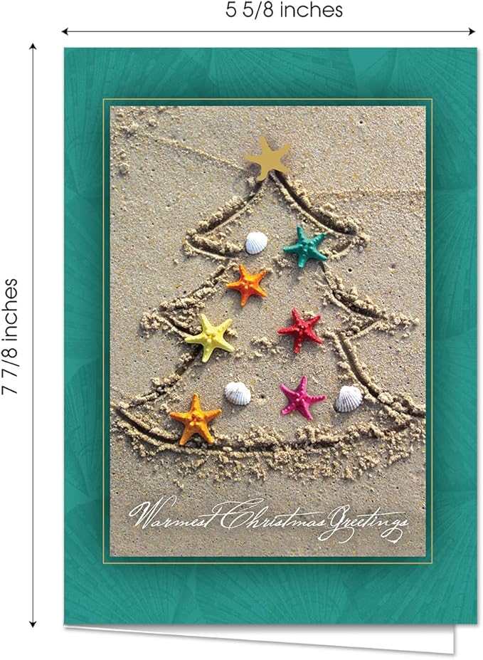 Masterpiece Sand Tree Cards / 16 Christmas Holiday Cards Set With Gold Foil And White Envelopes / 5 5/8" x 7 7/8" Winter Warm Wishes Greeting Cards With Meaningful Inside Verse