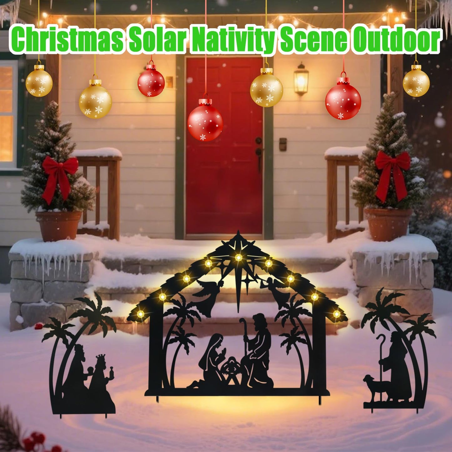Hokfirm Solar Nativity Scene Outdoor,3Pack Lighted Outdoor Christmas Decorations,Metal Silhouette Nativity Set Outside for Yard Garden Stake