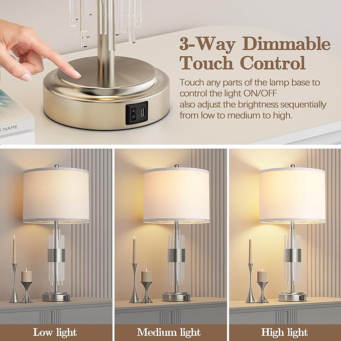QiMH Table Lamp for Living Room,Bedside Lamp for Bedrooms Set of 2 with USB A+C Ports,3-Way Dimmable Touch Control,Modern Nightstand Lamp White Lampshade Home Decor, LED Bulb Included, Brushed Silver