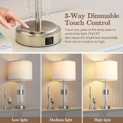 QiMH Table Lamp for Living Room,Bedside Lamp for Bedrooms Set of 2 with USB A+C Ports,3-Way Dimmable Touch Control,Modern Nightstand Lamp White Lampshade Home Decor, LED Bulb Included, Brushed Silver
