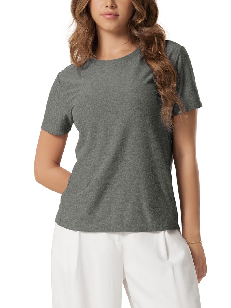 ODODOS Women's Performance Tee Ultra Soft odSTRATUM Tech Short Sleeve Relaxed Top Crew Neck T-Shirts, Smoke Heather, Large