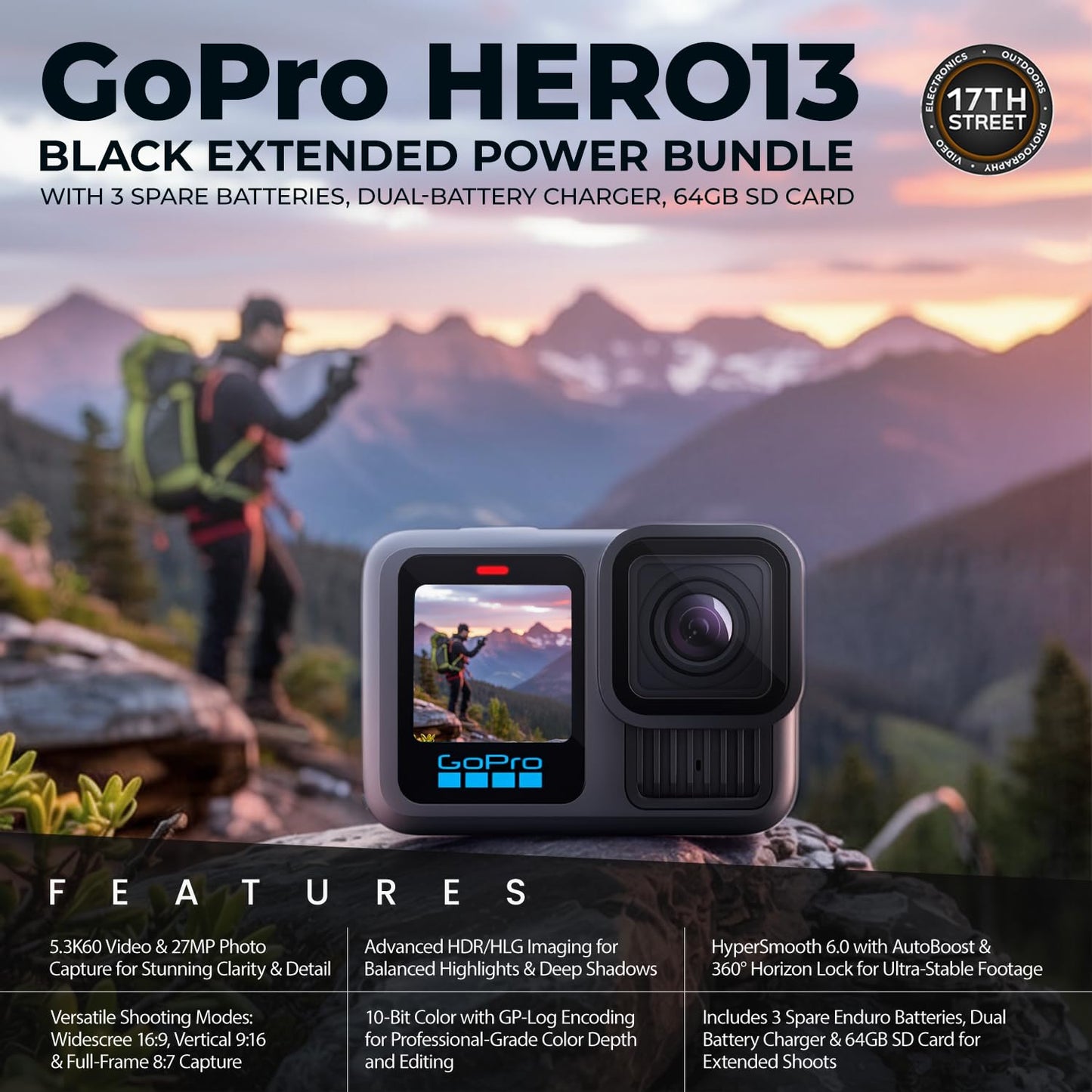 GoPro HERO13 Black Camera with 3 Enduro Batteries | Waterproof 5.3K60 Action Camera with Dual-Battery Charger & SanDisk 64GB Extreme SD Card | Head Strap 2.0 and Handler Floating Handgrip, Bundle Kit
