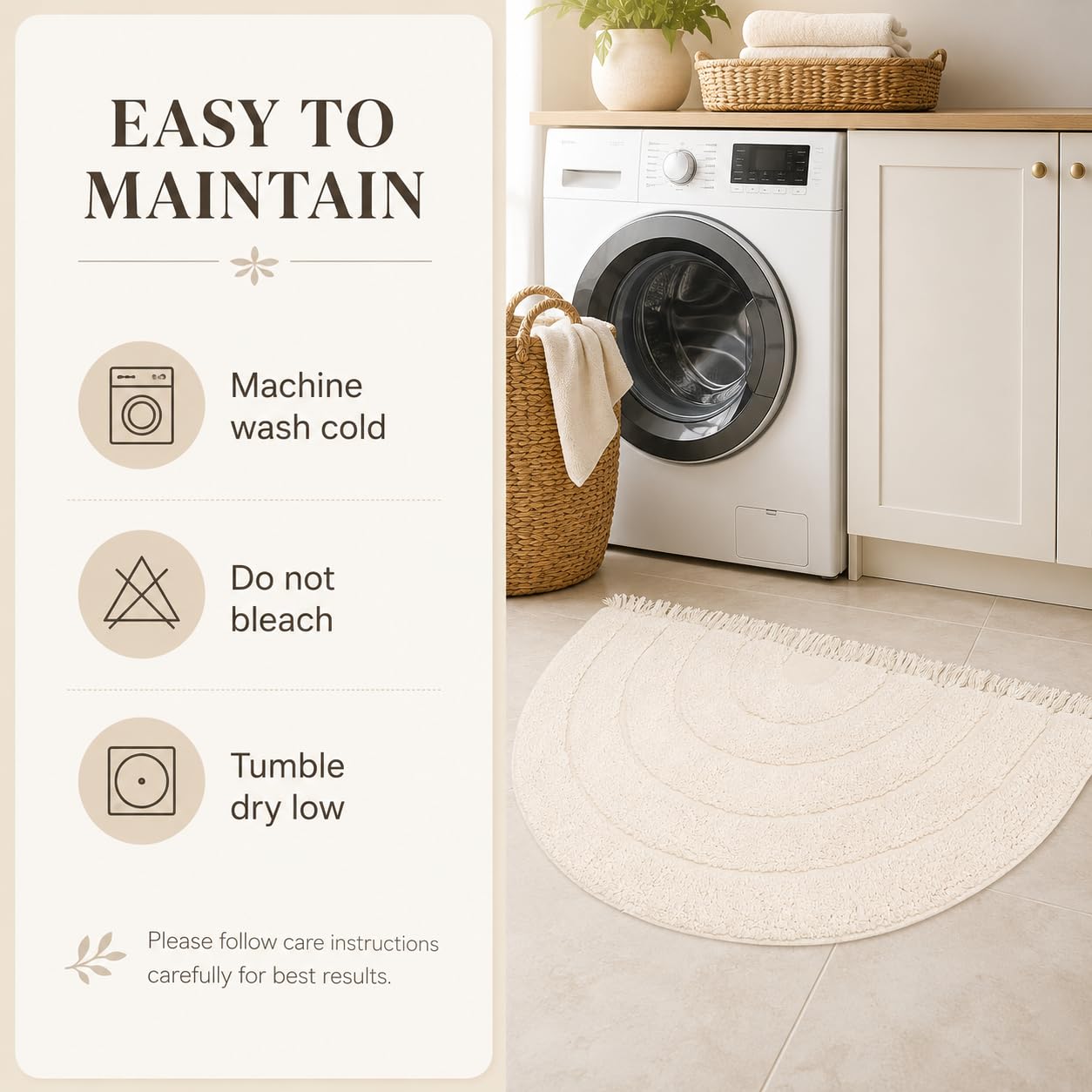 BIEN BEAU Unique Boho Half Moon Bath Rug – Ivory - 100% Cotton Bathroom Rugs - Stylish Non-Slip Bohemian Rug for Bath and Bedroom – Cute Boho Decor 20 x 38 inch