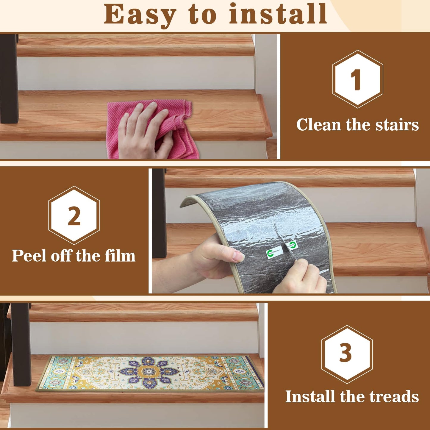 FlowaFoli 15Pcs Stair Treads for Wooden Steps Indoor with Self Adhesive, 8"x30" Non Slip Stair Treads Stair Carpet Runner, Resistant Indoor Runner for Kids、Elders and Pets,Blue and Gold Pattern