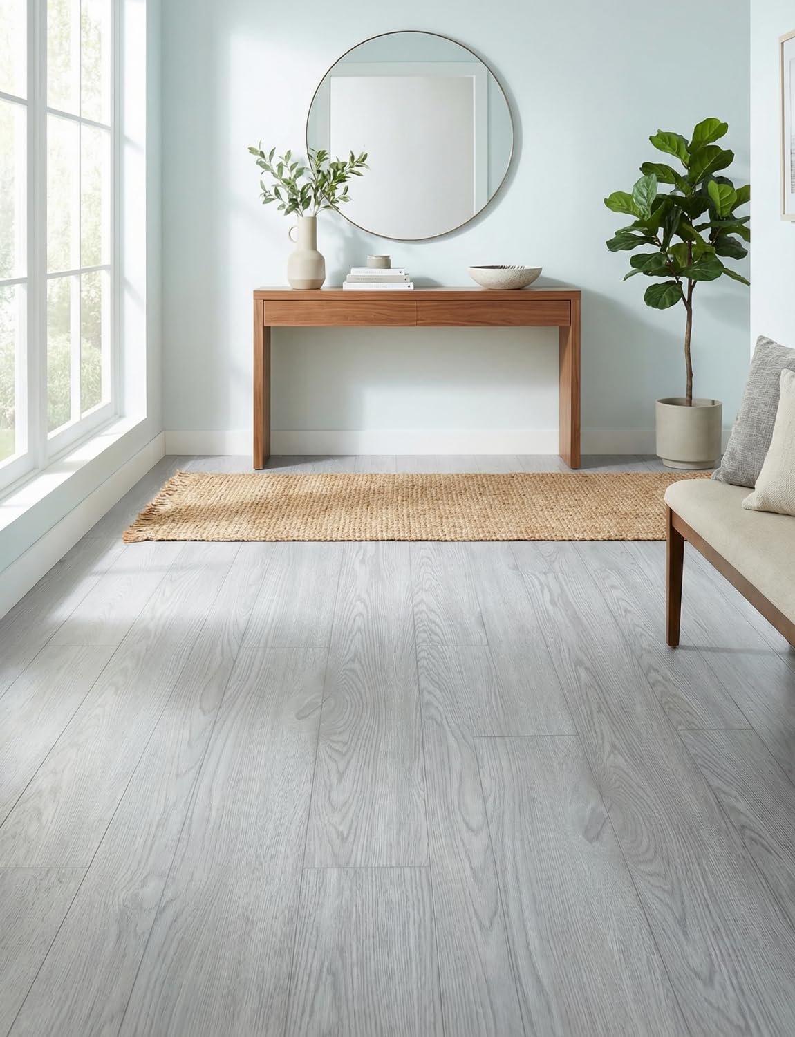 2 Rolls 23.6''x10FT Vinyl Flooring Roll 38.75 sq.ft: Peel and Stick Floor Tiles Self-Adhesive Durable Waterproof Wood Grain Large Plank for Living Room, Bedroom, Bathroom(Paleish Grey‌, 23.6''x10FT)