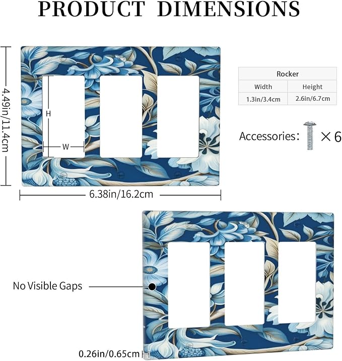 Blue Flowers Branches Leaves Floral Pattern 3 Gang Rocker Triple Outlet Wall Plate Decorative Switchplate Cover Faceplate GFCI Light Switch Covers for Farmhouse Living Decor